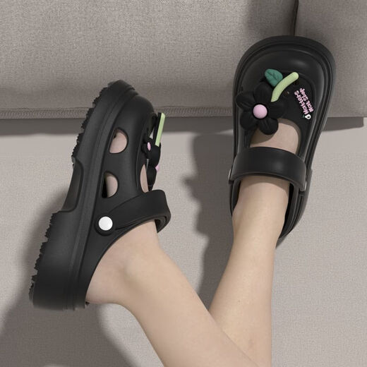 踩屎感少女可爱洞洞鞋女夏天可外穿超厚室内居家增高凉拖鞋 时尚百搭软底新款深黑色凉拖鞋 36 -3735-36的脚