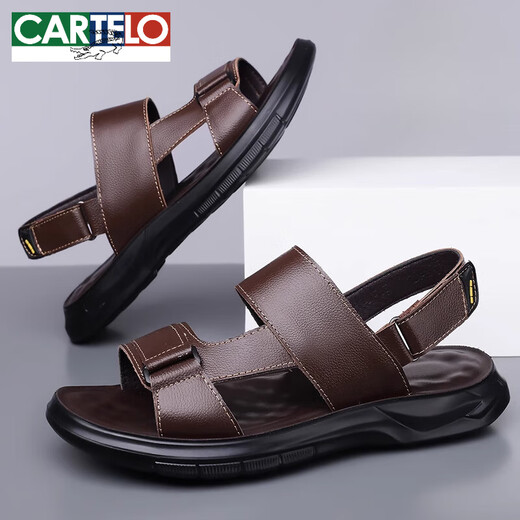 卡帝乐鳄鱼（CARTELO）男鞋夏季百搭软底轻便透气凉拖鞋男士真皮休闲沙滩凉鞋 2691棕色 38