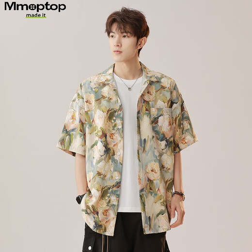 MMOPTOP THAI RETRO Floral Hemd Sommermänner Ice Seide Kühle atmungsaktive kurzärmelige Top MCS16 Sabah Aprikose L.