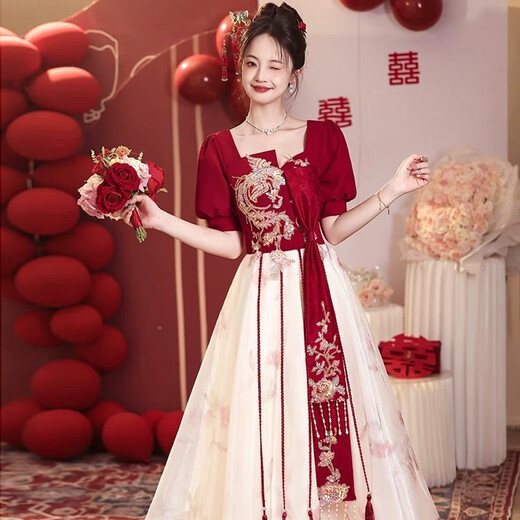 Libaixin chinois Toast Suit Bride Nouveau style 2025 Robe de mariée de fiançailles estivale pour femmes Jupe de retour de gaz de gaz haut de gamme Bourgogne xl suggère 115-120jin [Jin est égal à 0,5 kg]