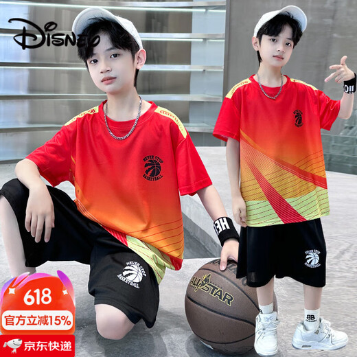 迪士尼（Disney）儿童男童短袖篮球服套装2025新款夏装运动球衣大童男孩速干训练服 蓝色 9905 120
