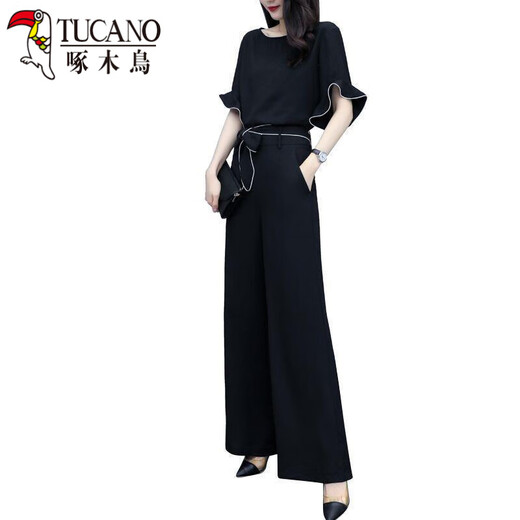Specht mit breitem Beinhosenanzug für Frauen Sommer 2025 neuer Stil der königlichen Schwester Temperament Chiffon Hochverluste schlanke modische und lässige zweiteilige schwarze Top + Hosen Set XL [Vorgeschlagen 115-130jin [Jin gleich 0,5 kg]]]