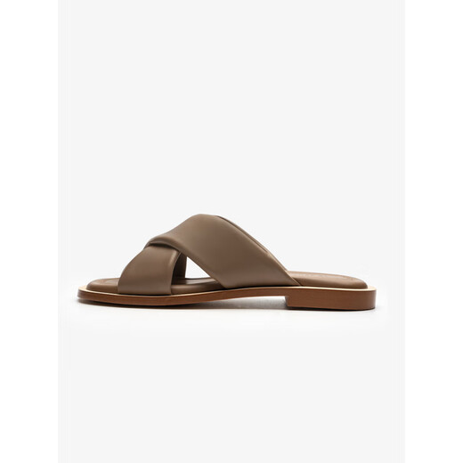 Le saunda (le saunda) [soft bread] summer new genuine leather flat solid color sheepskin outer one-line sandals women's shoes 12801 brown grey TPK 36