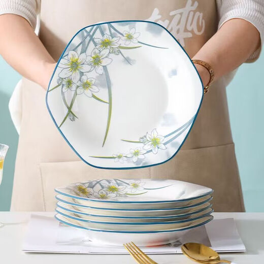 Underglaze color simple Chinese-style narcissus 6-corner plate high-end special-shaped plate household ceramic tableware set Narcissus 6-corner plate 1 piece