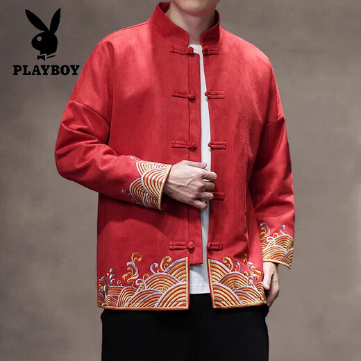 Playboy (PLAYBOY) Hanfu Men's Chinese Style Spring and Autumn Jacquard Long Sleeve Jacket New Chinese Tang Suit Loose Large Size Plate Button Jacket Red 3XL (160-180Jin Jin equals 0.5kg)