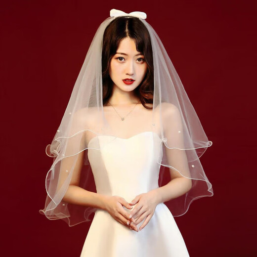 嘉宴新款韩式小头纱领证拍照头纱新娘结婚配饰影楼写真头纱多层蓬蓬款 小短款头纱白色发夹款 60cm-80cm