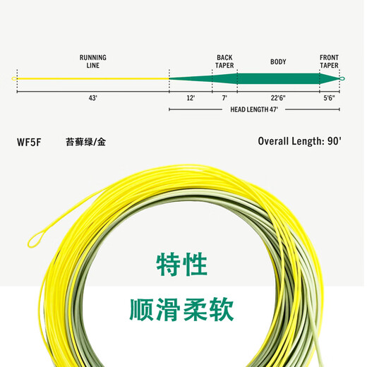 Línea de pesca con mosca de pesca con mosca dorada 12358 Gold Estándar WF Peso delantero Flotación Flotante Soft y suave amarillo de dos colores WF80ft-100ft No. 1