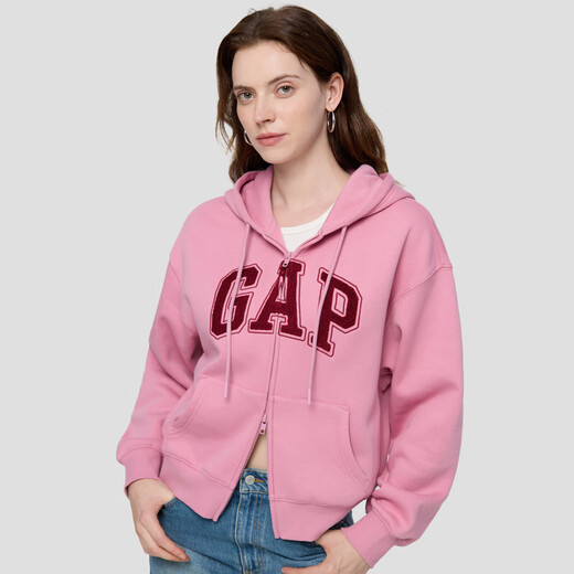 Gap Women's 2025 Autumn New Towel Embroidered Logo Fleece Loose Zipper Hooded Sweatshirt Jacket 829621
