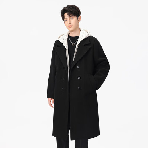 Mufan cotton autumn and winter thickened warm fake two-piece woolen coat men's casual large size loose long knee-length hooded windbreaker jacket black hat thickened XL suitable for 150 to 170 Jin Jin equals 0.5 kg