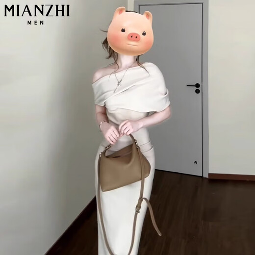棉致法式露肩收腰褶皱短袖连衣裙女夏季2025新款高级感气质修身长裙 753灰杏色【高品质27.5】 XL 120-130斤