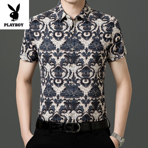 Playboy (Playboy) Nouvelle glace de glace à manches à manches courtes à manches à manches à manches courtes avec une chemise d'âge moyen de mûre en soie mûre 9898 Black XL (175) [140-160jin [Jin est égal à 0,5 kg]]]