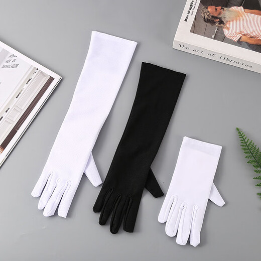 
Jingji satin stretch long gloves festival party performance bar dance dress retro dress wedding dress Hepburn style photo white lengthened gloves [long 53cm1 double]