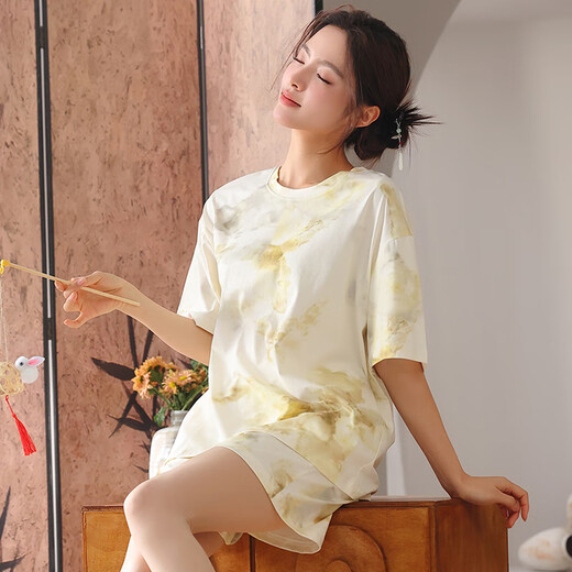 Langsha Pyjamas für Frauen 2025 Sommer Super Soft Laisele Tiansi Baumwolle kurzärmelige Anzug lose und frische Heimkleidung 1289 m [Vorgeschlagen 85-105jin [Jin ist 0,5 kg]]