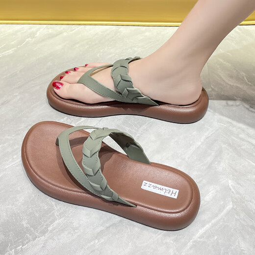 
Yusenyi foot-clip slippers for women in summer wear flip flops for women in summer wear fashionable non-slip beach wedge ladies 3882-6 green moxa 38 suitable for size 37 feet
