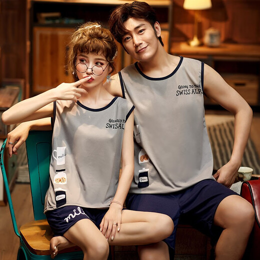 
KuZHANG (KUZHANG) summer pure cotton couple pajamas thin sleeveless loose men and women vest suspender shorts large size home clothing set wj9856 Ya vest cover M women/75-95Jin[Jin equals 0.5 kg]