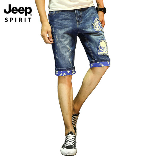 Jeep Spirit Summer raspado pantalones cortos de mezclilla hombres Japonesa de moda impresa Pantalones de mendigo impresos Men Pantalones de cinco puntos Britos bordados de mezclilla Mid-Tousers Royal Blue 9918 30 [2 pies 3]