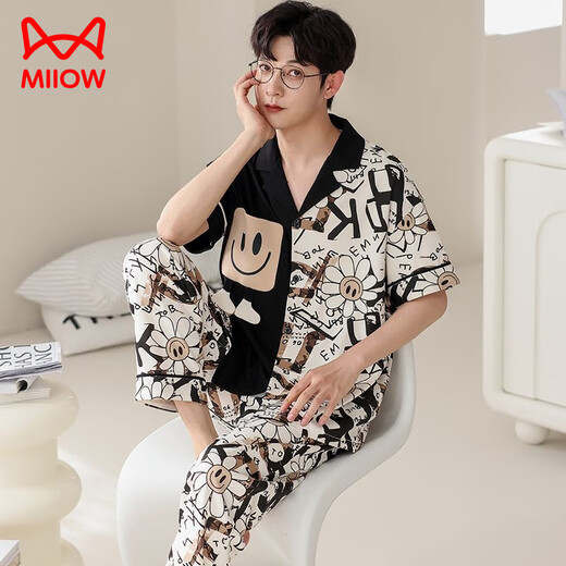 
Cat Man (MiiOW) pajamas men summer pure cotton short-sleeved trousers thin men's cute cartoon 2025 new student home clothing set Flagship store-694 L