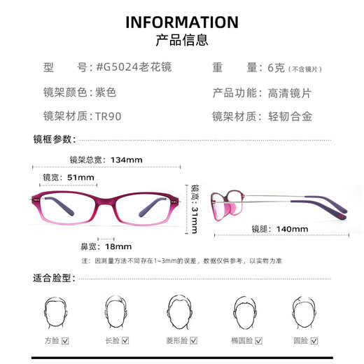 玉品堂老花镜男女款 超轻便携老花眼镜 高清耐磨时尚花镜中秋送礼 G5024-紫红色 250度建议61-65岁