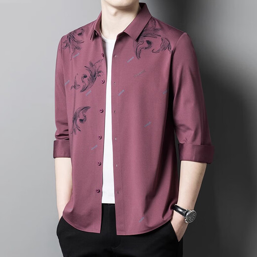 JASONWOOD高端品牌男装长袖衬衫男士春秋新款商务休闲免烫印花男士衬衣上衣 6627红色 XXS 105 推荐【90-110斤】