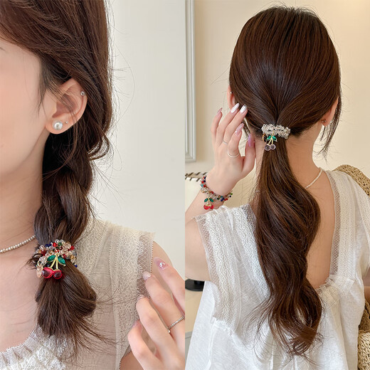 Chimera (CHIMERA) 2 pieces of sweet beaded cherry rubber band ponytail high elastic hair circle ball hair rope headband girl birthday gift
