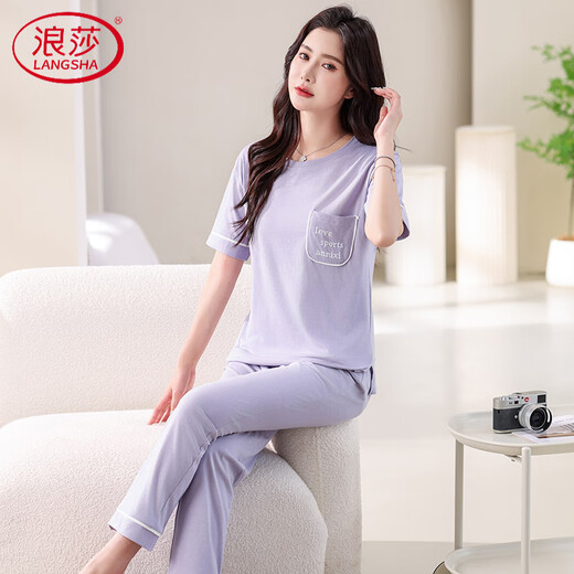 Langsha Pajama для женщин Thin Thin 2025 Новые брюки с короткими рукавами чистого хлопка набор домашней одежды Лето-хлопок можно носить за пределами 7374 Грин Зеленый M 80-100-джин [Джин равен 0,5 кг]