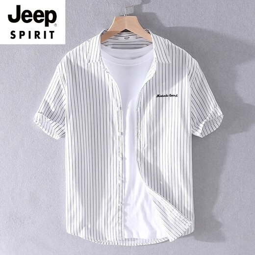 JEEP SPIRIT男士条纹衬衫短袖宽松夏季薄款日系休闲百搭棉衬衣夏装衣服 9721白色 M 斤左右