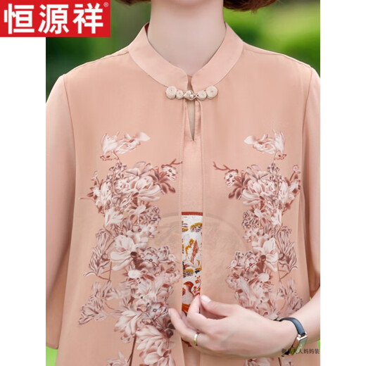 Hengyuanxiang Fat Mom Summer Cheongsam Dress Summer Chiffon Skirt Large Size 2025 New Middle-aged Women's Summer Temperament 6629 Khaki 8XL Recommended 180-200Jin [Jin equals 0.5 kg]