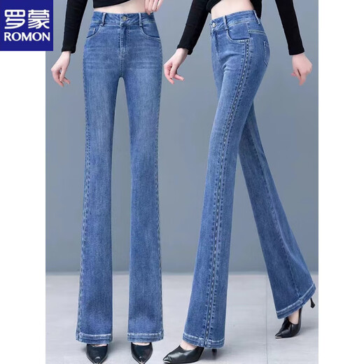 Romon gerade Glockenboden Jeans Frauen hohe Taille 2025 Neue Frühlings- und Sommer-Frauenhosen elastische Taille schlampige Hose Lose 819-Blue-Zipper 26