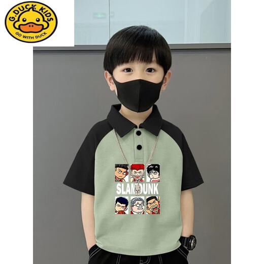 
G.DUCKKIDS pure cotton POLO shirt short-sleeved T-shirt for children's summer new style medium and large children loose splicing handsome lapel boy top 674 smiley face - black and green - POLO shirt pure cotton product 150