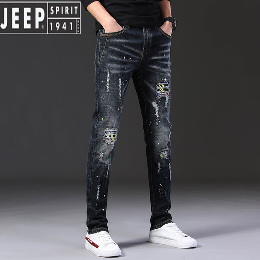 JEEP SPIRIT summer thin ripped jeans for men handsome trendy brand stretch 2025 new slim fit small feet trendy trousers for men 687 black 28