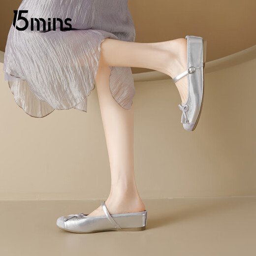 15 minutos Baotou zapatillas para mujeres en verano New Bow plano Sole Ballet Mary Jane Semi-Travel D1429AQ5 Silver 35