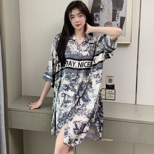 汀泺睡裙女士夏季性感冰丝纯欲风睡衣加大码家居服女大学生连衣裙青年 719橘色猫咪[单件裙] M [80-100斤]