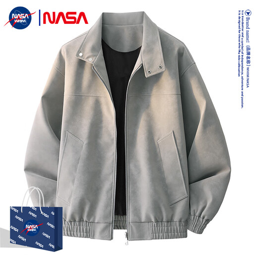 WHIM NASA American Retro Bomber Jacket Men's 2025 Autumn Trendy Brand Loose and Versatile Casual Men's Winter Style Gray XL (Recommended 140-160 Jin Jin equals 0.5 kg)