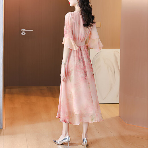 OLJ High-End-Marke Kleid für Frauen 2025 Sommer Neues Blumenchiffon High-End-Temperament schlanker Pendlerrock Rosa 2xl 125-135jin [Jin gleich 0,5 kg]