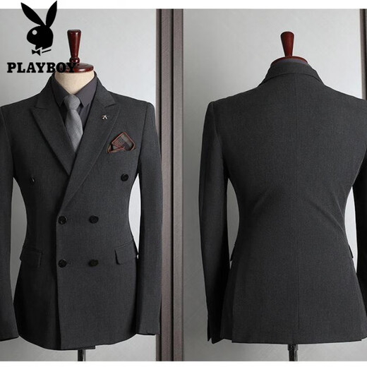 Playboy (PLAYBOY) high-quality suit men's British style double-breasted business casual suit three-piece groom's wedding dress medium gray (suit + pants) M 48