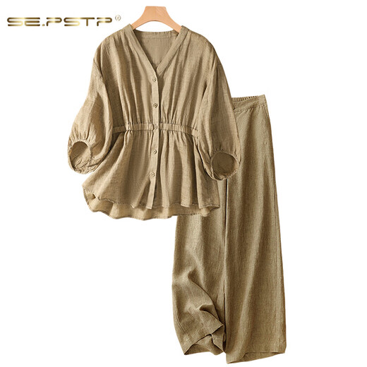 Xiadien Sutra Queen (SE.PSTP) COTON DE COTTON DE COLON HEURNE de gamme pour femmes vêtements d'été de grande taille de grande taille Ramie Top Pantalon à jambes larges à deux pièces 3FC063 # 6621 Top de couleur d'avoine cette année M [Suggestion 95-115Jin [Jin est égal à 0,5 kg]]