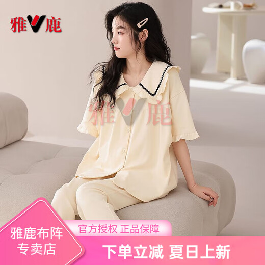 雅鹿短袖长裤睡衣女士春夏季薄款纯棉休闲开衫甜美家居服莱卡套装 CTWM6227莱卡棉女款睡衣 M