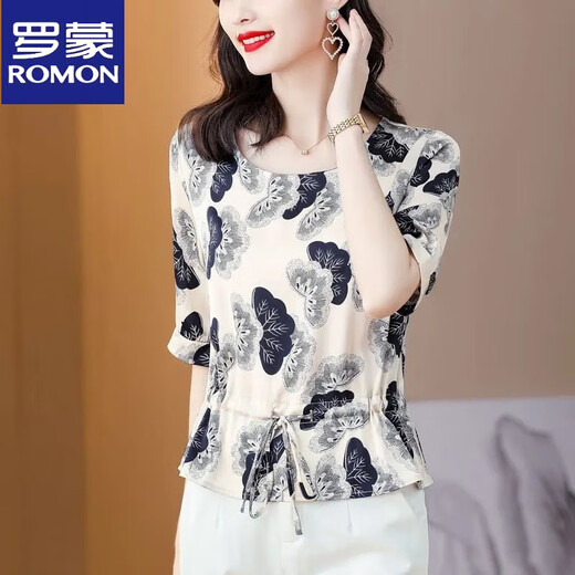 罗蒙（ROMON）重磅真丝衬衫女夏季新款洋气减龄显瘦遮肚印花短袖桑蚕丝小衫 花色 9855# M 90-105斤
