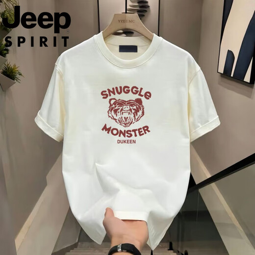 JEEP SPIRIT吉普夏季短袖t恤男士夏季新款休闲运动时尚半袖圆领宽松体恤上衣 象牙白848 L 100-110斤