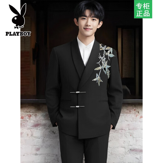 Playboy Suit Shop Loose Embroidery Wedding New Chinese Suit Suit Engagement Groom Wedding Banquet Zhongshan Men's Clothing Black Suit + Pants + Black Gold Button Shirt S