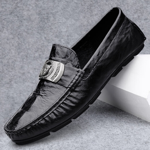 Belle 2025 crocodile pattern beanie shoes cross-border lazy driving shoes British casual men's leather shoes genuine leather cowhide 15888 black 38