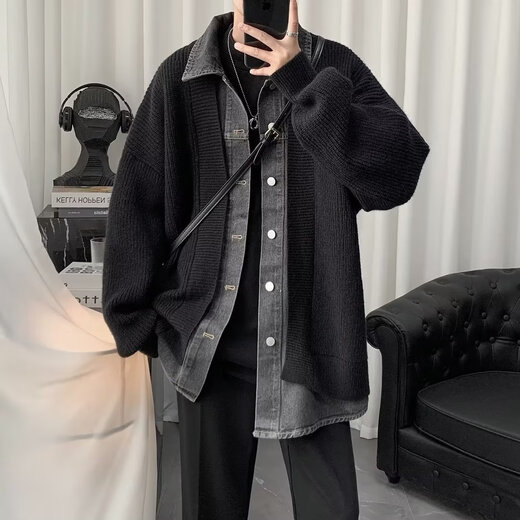 星宿摇（xingsuyao）牛仔拼接假两件开衫毛衣外套男春秋季设计感针织衫休闲宽松毛线衣 黑色 高质量 S