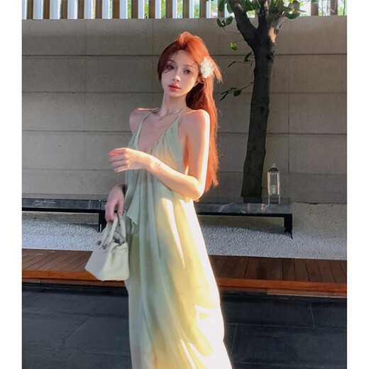 Let the mist suspender dress skirt for women summer 2025 new resort style wear seaside beach skirt long skirt pure desire French spring green texture design halter neck dress S recommended 80-90Jin Jin is equal to 0.5 kg