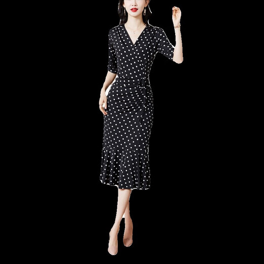 Kuzhang (Kuzhang) hip bedeckte klassische schwarze Tupfen Temperament Eleganter Fischschwanzrock 2025 Frühling und Sommer Neues V-Ausschnitt Slim Kleid 679 Leichte Aprikosenboden rote Blätter m
