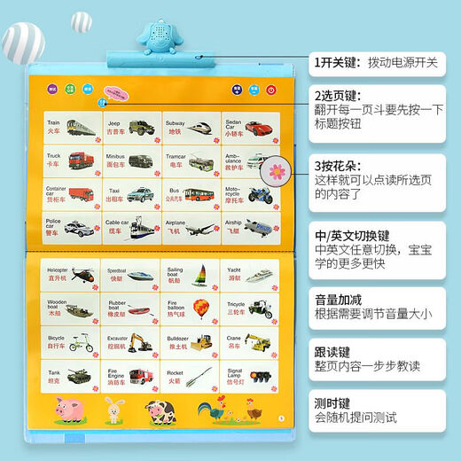Young children's Chinese and English reading early education enlightenment audio book hanging book literacy rechargeable learning machine toys 43-side hanging book with clip and data cable brush +