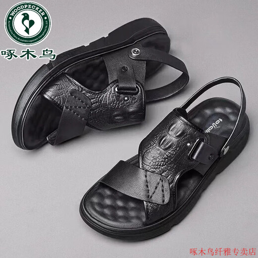 Woodpecker Gentine Leather Cowhide Nouveau Sandales d'été Sandales Men Slip Men's Slip Soft Soft Sole Double usage Chaussures Plats de plage noir 9921 38