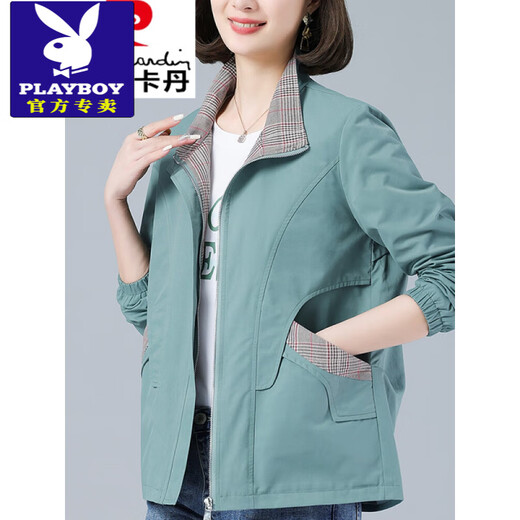 花花公子（PLAYBOY）时尚拼接宽松短外套女2025春秋新款中年妈大号减龄休闲翻克 豆绿色 L 110斤以下