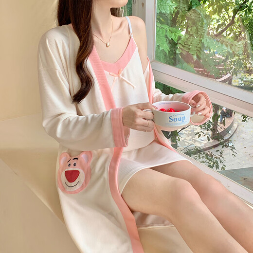 Qinji Pure Cotton Sling Night Robe Set en deux pièces pour femmes 2025 Spring New Pure Cotton Sling Night Robe Women's Sling Two-Piece Set Home Home Pink 9901 160 (M) [Poids suggéré 80-100jin [Jin est égal à 0,5 kg]] toutes taille