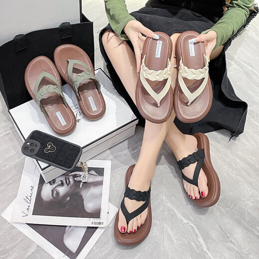 
Yusenyi foot-clip slippers for women in summer wear flip flops for women in summer wear fashionable non-slip beach wedge ladies 3882-6 green moxa 38 suitable for size 37 feet