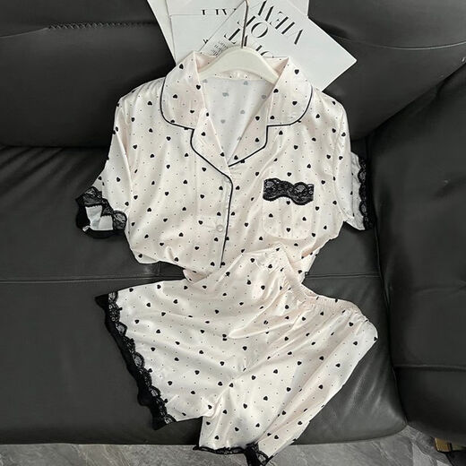 ZIPJBX短袖冰丝睡衣女2025夏季薄款感爱心印花蕾丝边家居服套装 丝滑感-LW-9214 M 【建议80-100斤】